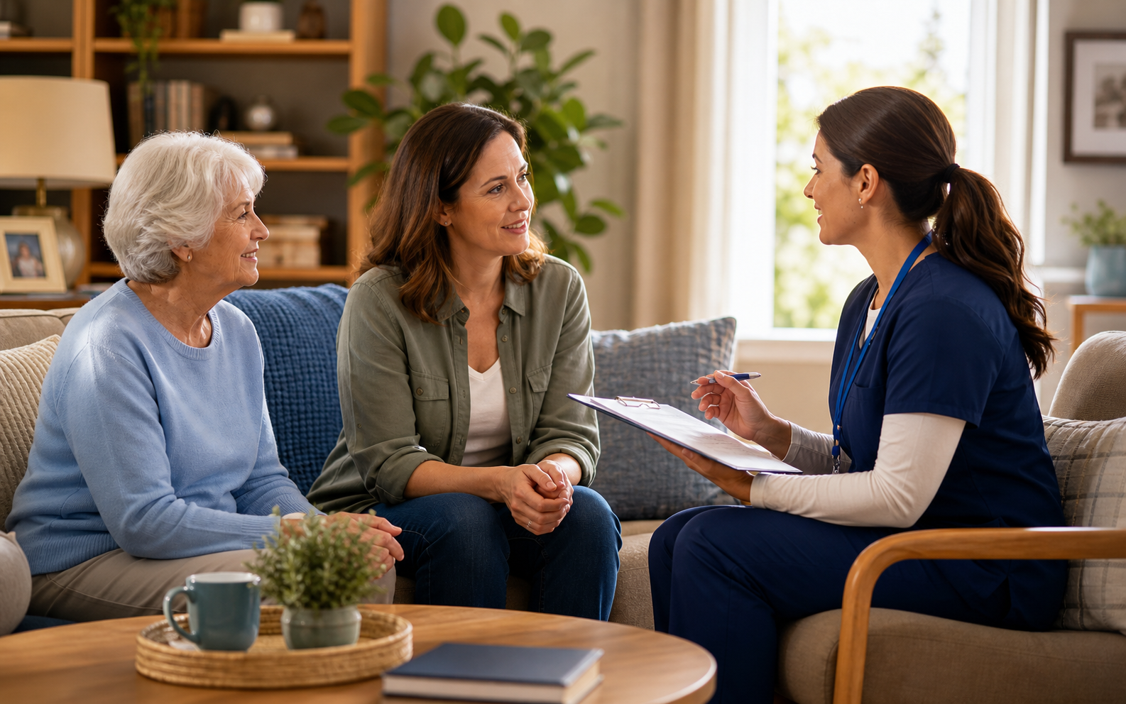 Adult daughter and older parent meeting with a home care coordinator during an in-home assessment