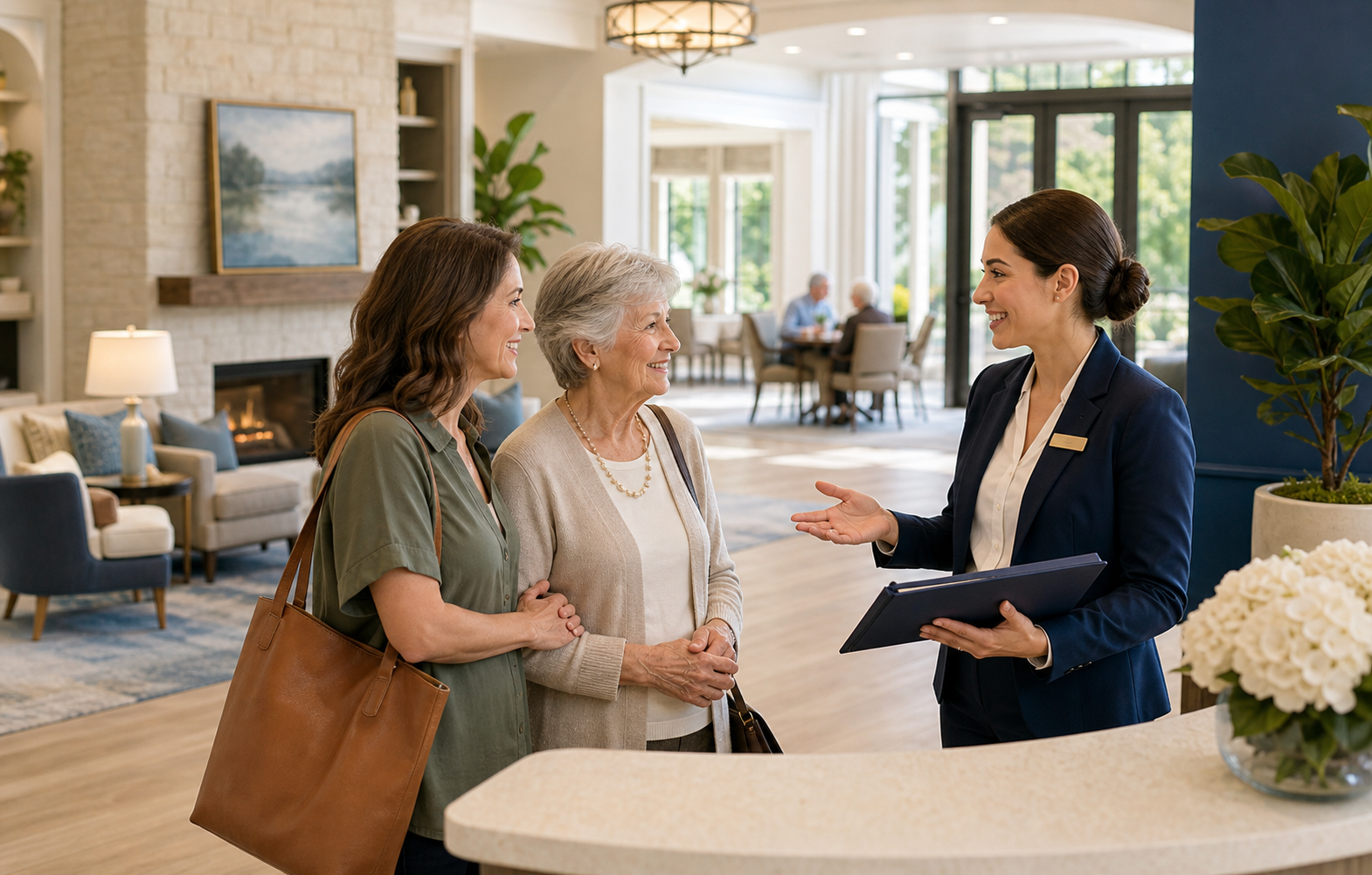 Adult daughter and older parent meeting a senior living sales director for a community tour