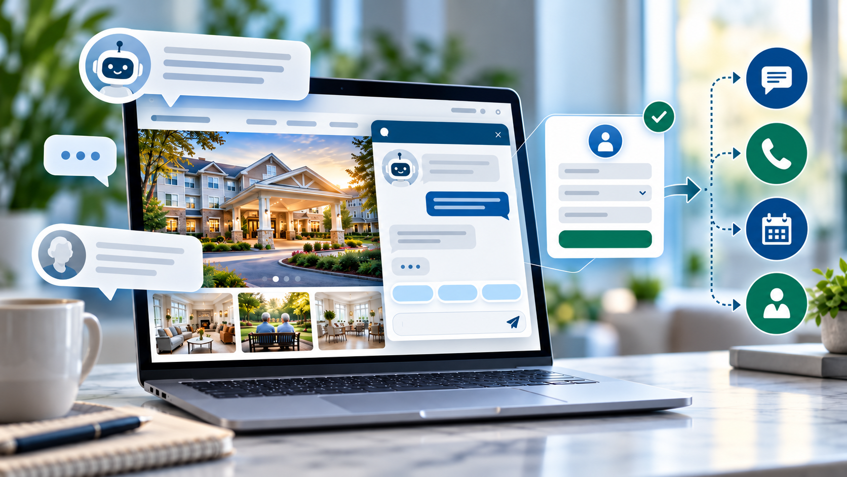 AI website chat widget on a senior living community site capturing a prospect and handing off to call, calendar and a live salesperson