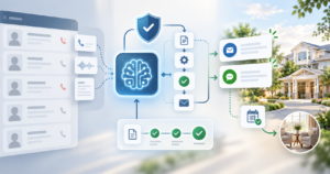 AI workflow reading call transcripts from a senior living CRM to draft follow-up emails and texts, reviewed before sending, leading to a booked tour